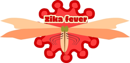 Abstract virus image on backdrop and zika fever text. Cartoon mosquito. Zika virus danger relative vector illustrationのイラスト素材