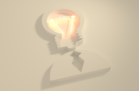 Lamp head businessman 3d icon. Illustration of brainwork, idea appearance. Switch on bulb icon with solution textの写真素材