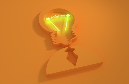 Lamp head businessman 3d icon. Illustration of brainwork, idea appearance. Switch on bulb icon with solution textの写真素材