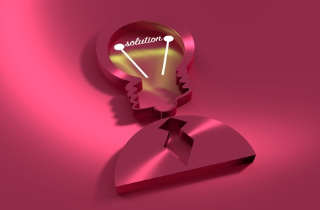Lamp head businessman 3d icon. Illustration of brainwork, idea appearance. Switch on bulb icon with solution textの写真素材