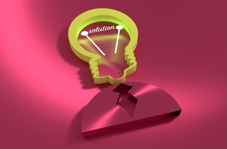 Lamp head businessman 3d icon. Illustration of brainwork, idea appearance. Switch on bulb icon with solution textの写真素材