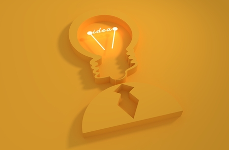 Lamp head businessman 3d icon. Illustration of brainwork, idea appearance. Switch on bulb icon with idea textの写真素材
