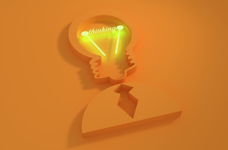 Lamp head businessman 3d icon. Illustration of brainwork, idea appearance. Switch on bulb icon with thinking textの写真素材