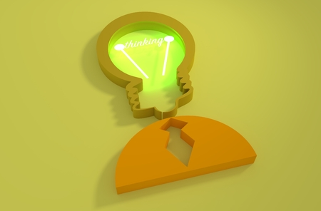 Lamp head businessman 3d icon. Illustration of brainwork, idea appearance. Switch on bulb icon with thinking textの写真素材