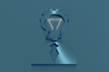 Lamp head businessman 3d icon. Illustration of brainwork, idea appearance. Switch on bulb iconの写真素材