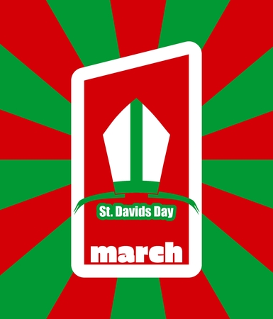 St David's Day  greeting card template. Wales national holiday. Catholic hat tiara. March, 1st number on sunburst backdropのイラスト素材