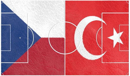 Flags of  European countries participating to the final tournament of Euro 2016 football championship. Football field textured by Czech and Turkey national flags.の写真素材