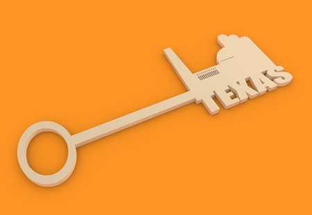 Flat design style modern illustration concept of hand holding a key of texas industry. Factory icon and text on keyの写真素材