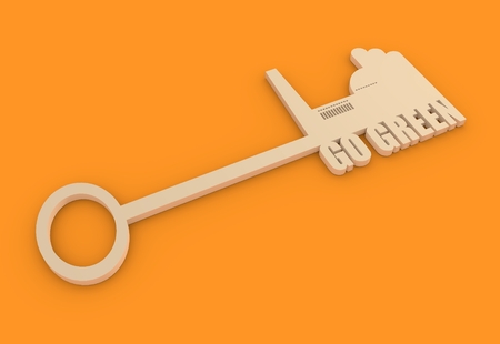 Flat design style modern illustration concept of hand holding a key . Factory icon and go green text text on keyの写真素材