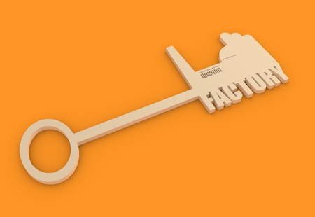 Flat design style modern illustration concept of hand holding a key of factory. Factory icon and text on keyの写真素材