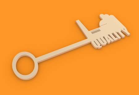 Flat design style modern illustration concept of hand holding a key of industry quality. Factory icon and text on keyの写真素材