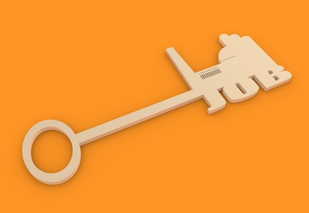 Flat design style modern illustration concept of hand holding a key of job. Factory icon and text on keyの写真素材