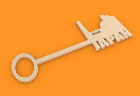 Flat design style modern illustration concept of hand holding a key of japan industry. Factory icon and text on keyの写真素材