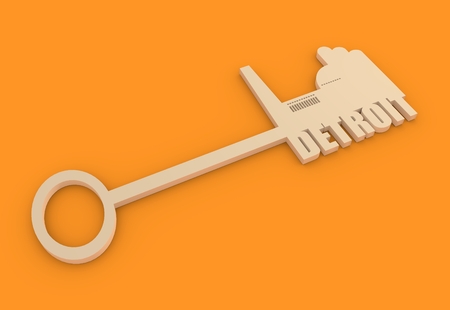 Flat design style modern illustration concept of hand holding a key of Detroit industry. Factory icon and text on keyの写真素材