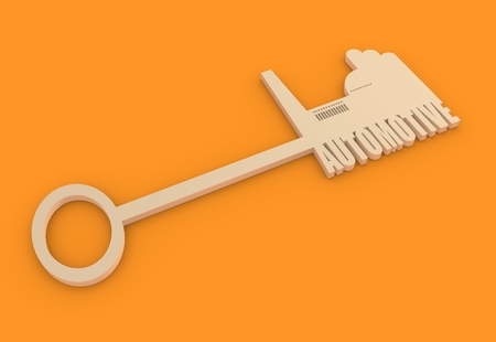Flat design style modern illustration concept of hand holding a key of automotive. Factory icon and text on keyの写真素材