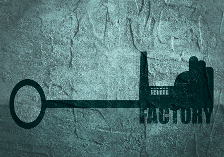 Flat design style modern illustration concept of hand holding a key of factory. Factory icon and text on key. Concrete texturedの写真素材