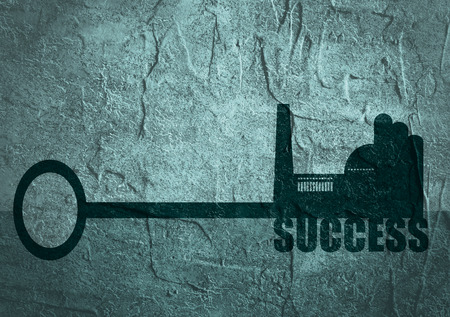 Flat design style modern illustration concept of hand holding a key of industry success. Factory icon and text on key. Concrete texturedの写真素材