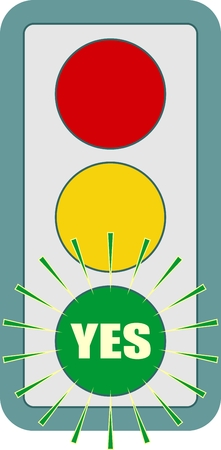 Traffic lights symbol. Yes text on green color. Flashing green. Motivation textのイラスト素材