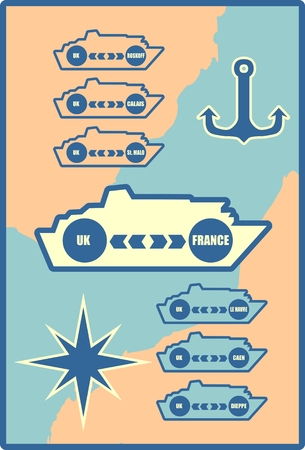 Ferryboat ship design element. Seaway line connection transport ferry vessel web background. Ideal for web site or social media network cover profile image.Routes from France to UKのイラスト素材