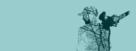 Double exposure of bearded brutal man with chainsaw. Tree branch on body.のイラスト素材