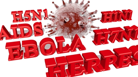 Abstract virus image on backdrop and diseases words cloud. Virus danger relative illustration. Medical research theme. Virus epidemic alertの写真素材