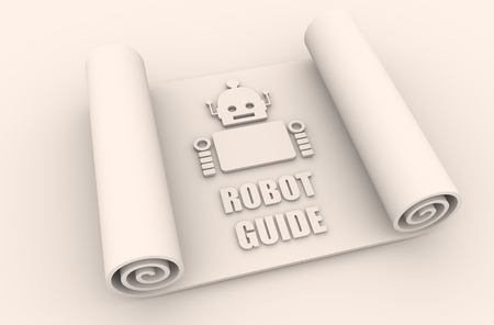 Cute vintage robot on paper roll. Robotics industry relative image. 3D rendering. Robot guide textの写真素材