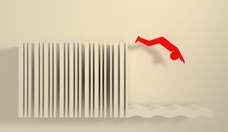 red man silhouette diving from bar code springboard. start up metaphor relative imageの写真素材