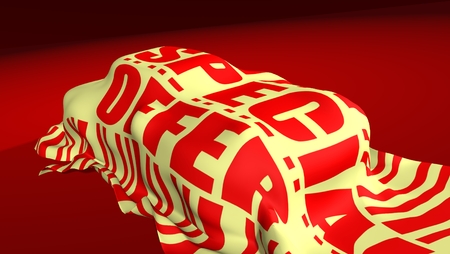 red textile cover with special offer text on automobileの写真素材