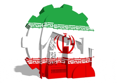 3D gear with oil pump, gas rig and factory simple icons, textured by Iran flag. Heavy and mining industry concept. 3D renderingの写真素材