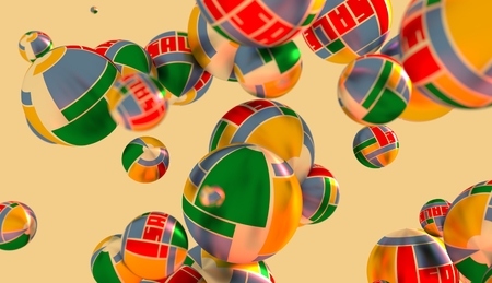 Large group of  orbs or spheres levitation in empty space. 3D rendering. Sale text and geometry pattern textured surfaceの写真素材