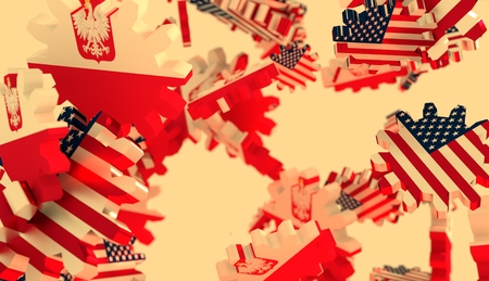 Image relative to politic and economic relationship between USA and Poland. National flags on flying cog wheelsの写真素材