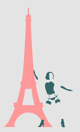 Sexy woman silhouette, underwear fashion. Woman underwear. Eiffel towerのイラスト素材