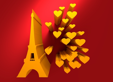 Eiffel tower in Paris. Contour silhouette striped backdrop with hearts icons. 3D renderingの写真素材