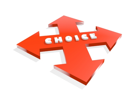 Arrow cross with choice word. Way choosing metaphor. 3D renderingの写真素材