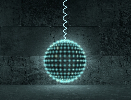 Glitter vintage lights background. Neon shine disco particles. Ray light from sphere. Concrete interior roomの写真素材