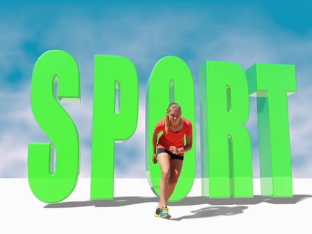 Healthy young woman preparing for a run. Fit female athlete ready for a spring over blue sky and...