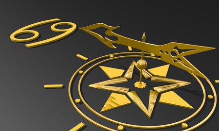 The crab astrology sign. Golden compass arrow point to astrological symbol. 3D renderingの写真素材