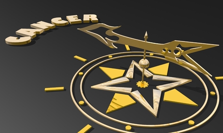 The crab astrology sign. Golden compass arrow point to astrological symbol name. 3D rendering