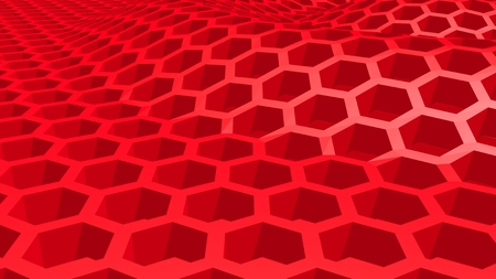 Perspective view on red honeycomb . 3D rendering backdropの写真素材