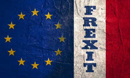 Image relative to politic relationships between European Union and France. National flags textured by concrete. Frexit textの写真素材