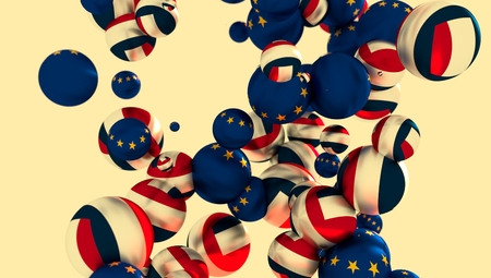 Large group of orbs or spheres levitation in empty space. 3D rendering. France and European Union flagsの写真素材