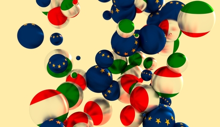 Large group of orbs or spheres levitation in empty space. 3D rendering. Hungary and European Union flagsの写真素材