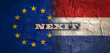 Image relative to politic relationships between European Union and Netherlands. National flags textured by concrete. Nexit textの写真素材