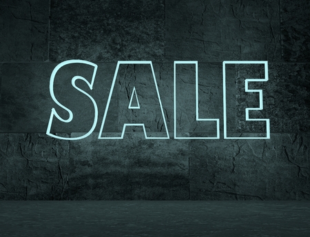 Sale word on concrete wall in empty room. Neon shine letters. 3D renderingの写真素材