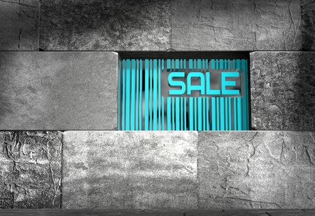 Sale word and bar code on concrete wall in empty room. 3D renderingの写真素材