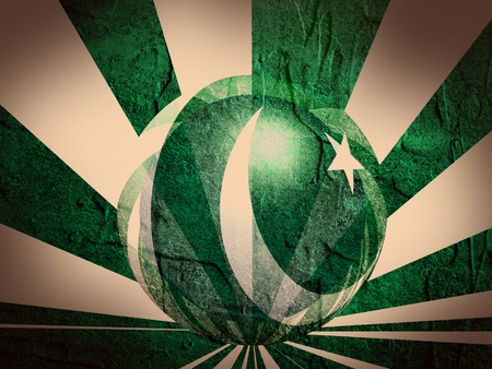 Pakistan flag design concept. Reflected sphere textured by flag. Various color rays backdrop. Image relative to travel and politic themes. Concrete textured. 3D renderingの写真素材