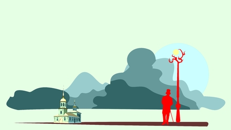 Silhouette of a gentleman in a top hat. Sunset or sunrise landscape. Orthodox church on horizon lineのイラスト素材