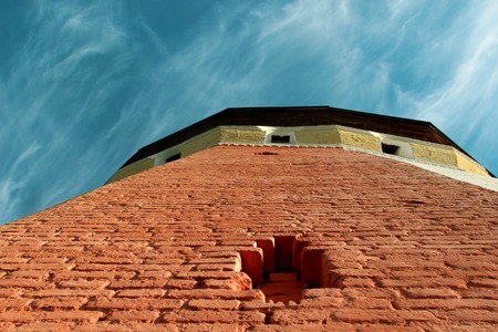 Watch tower of Spaso-Prilutsky Monastery in the Vologda city, Russia. Blue sky   defense wall tower....