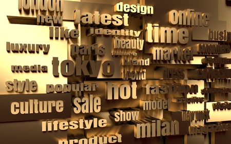 Relative to Fashion Keywords Tag Cloud. 3D rendering. Metallic material backdropの写真素材