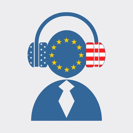 Silhouettes of headphones and human icon. Textured by USA and european union flags. Politic metaphorのイラスト素材
